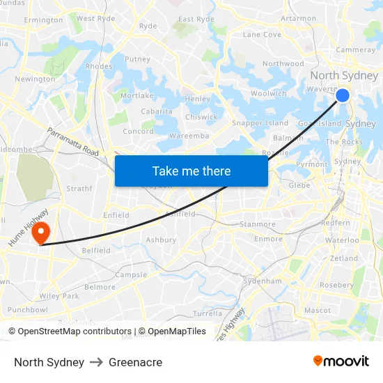 North Sydney to Greenacre map