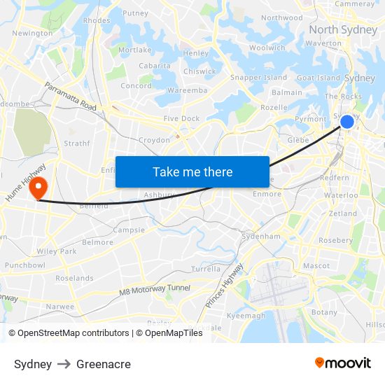 Sydney to Greenacre map