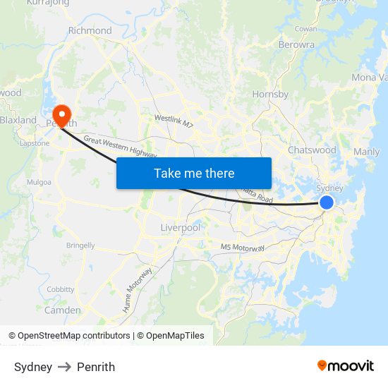 Sydney to Penrith map