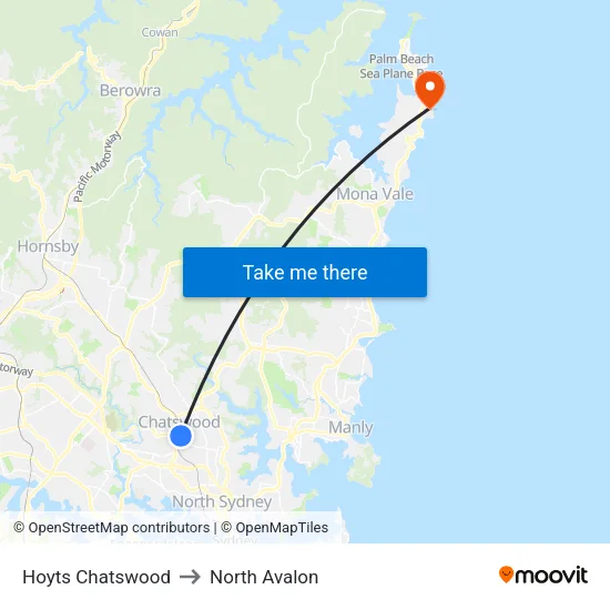 Hoyts Chatswood to North Avalon map