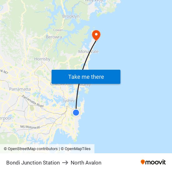 Bondi Junction Station to North Avalon map