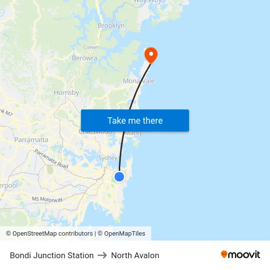 Bondi Junction Station to North Avalon map
