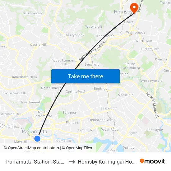 Parramatta Station, Stand A4 to Hornsby Ku-ring-gai Hospital map