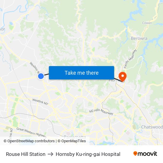 Rouse Hill Station to Hornsby Ku-ring-gai Hospital map