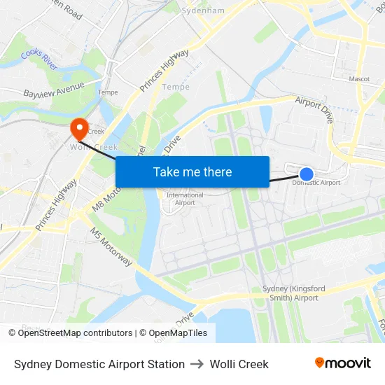 Sydney Domestic Airport Station to Wolli Creek map