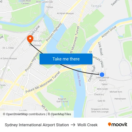 Sydney International Airport Station to Wolli Creek map