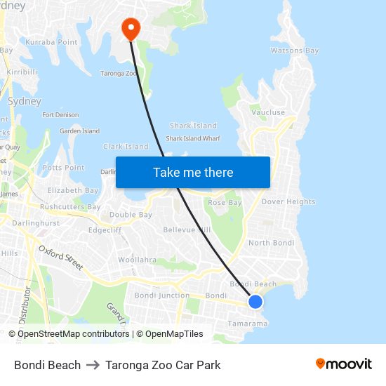 Bondi Beach to Taronga Zoo Car Park map