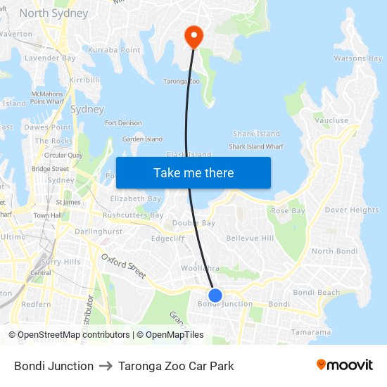 Bondi Junction to Taronga Zoo Car Park map