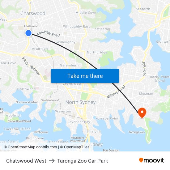 Chatswood West to Taronga Zoo Car Park map