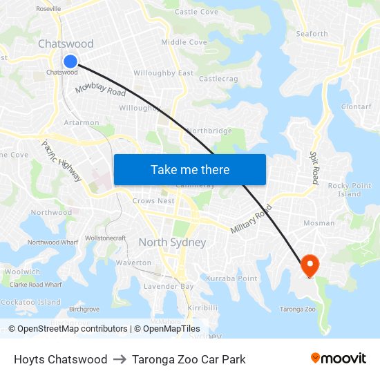 Hoyts Chatswood to Taronga Zoo Car Park map
