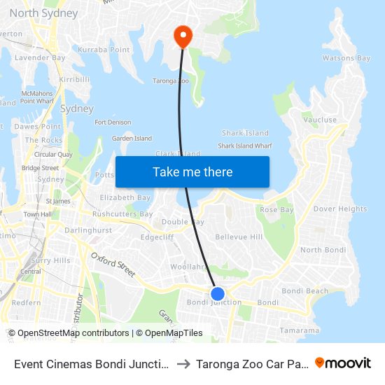 Event Cinemas Bondi Junction to Taronga Zoo Car Park map