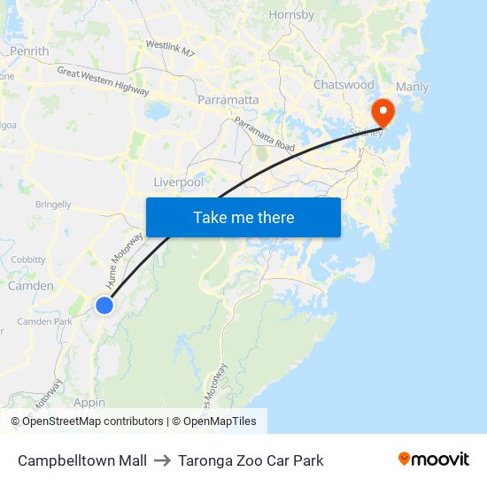 Campbelltown Mall to Taronga Zoo Car Park map