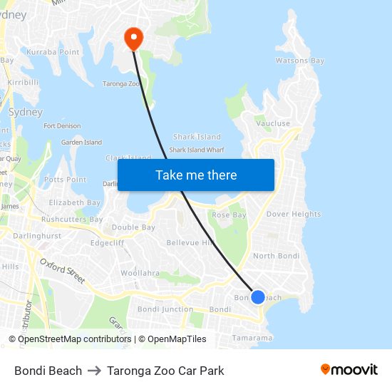 Bondi Beach to Taronga Zoo Car Park map