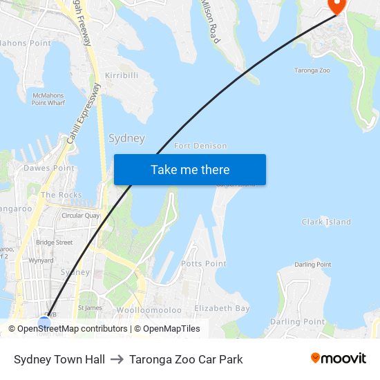 Sydney Town Hall to Taronga Zoo Car Park map