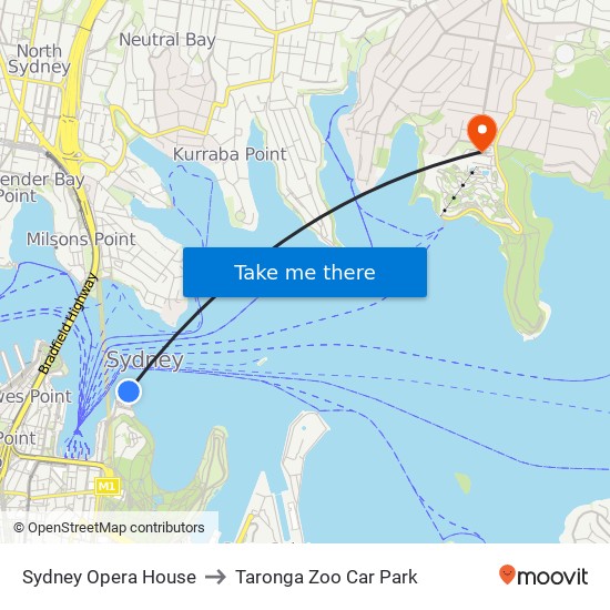 Sydney Opera House to Taronga Zoo Car Park map