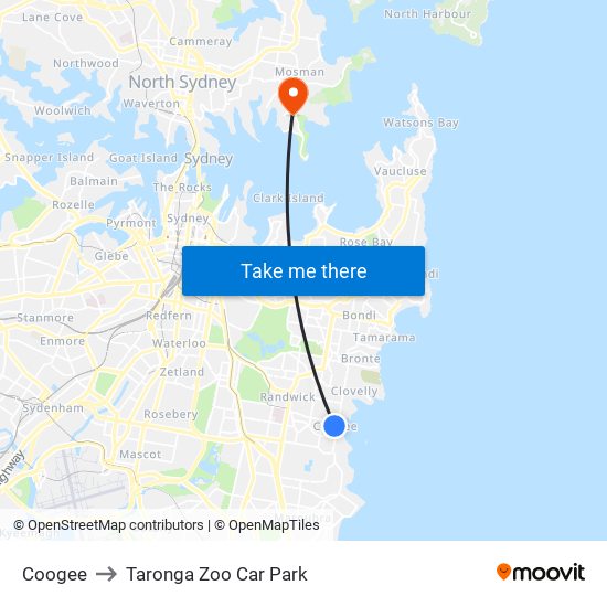 Coogee to Taronga Zoo Car Park map