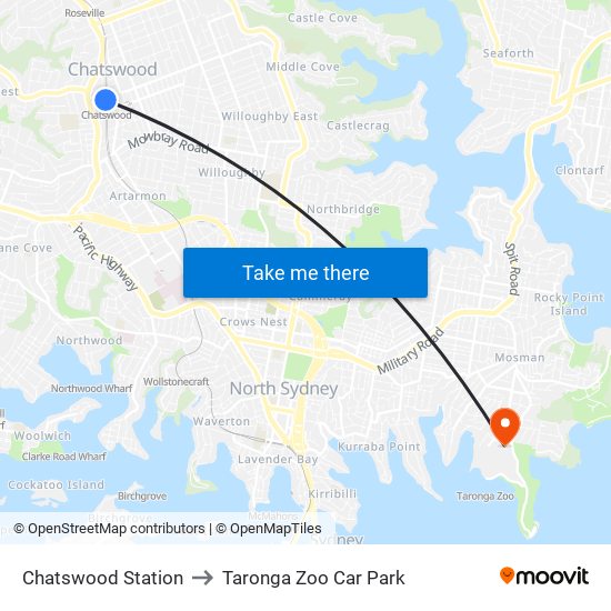 Chatswood Station to Taronga Zoo Car Park map