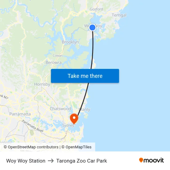 Woy Woy Station to Taronga Zoo Car Park map
