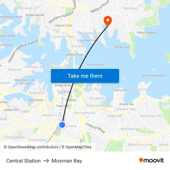 Central Station to Mosman Bay map
