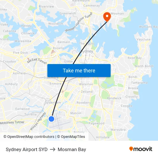 Sydney Airport SYD to Mosman Bay map