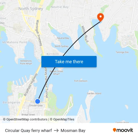 Circular Quay ferry wharf to Mosman Bay map