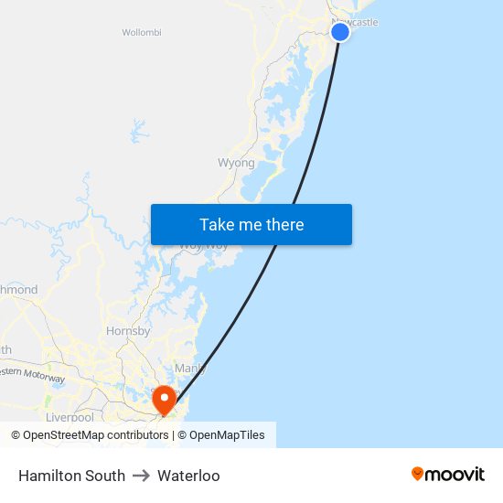 Hamilton South to Waterloo map