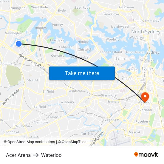 Acer Arena to Waterloo map