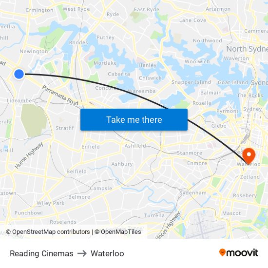 Reading Cinemas to Waterloo map