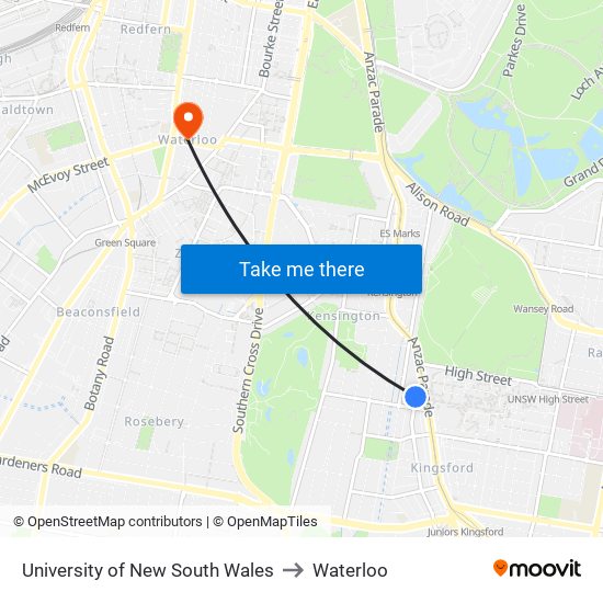 University Of New South Wales to Waterloo map