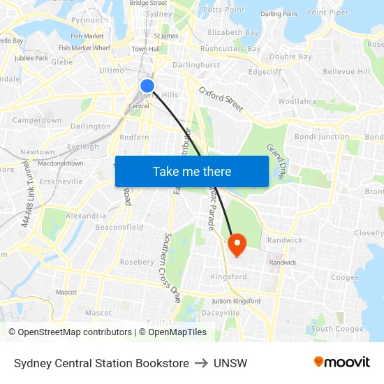 Sydney Central Station Bookstore to UNSW map