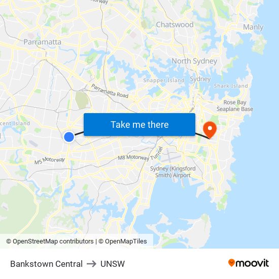 Bankstown Central to UNSW map