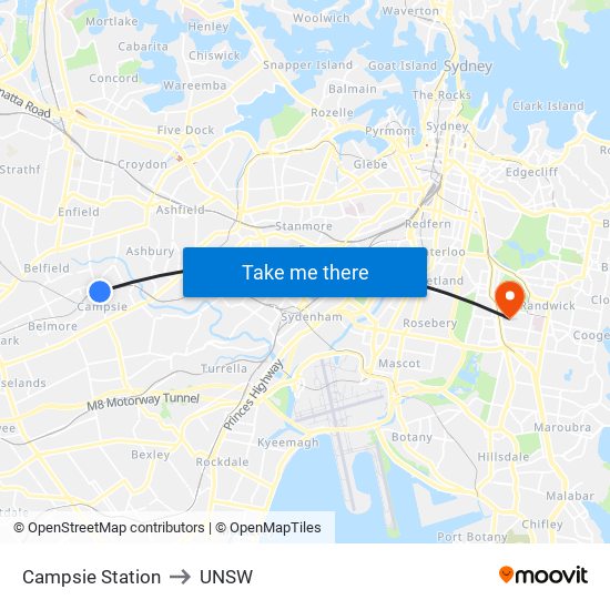 Campsie Station to UNSW map