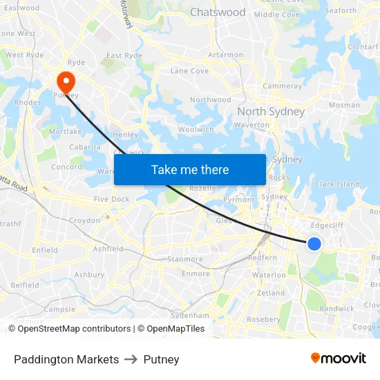 Paddington Markets to Putney map