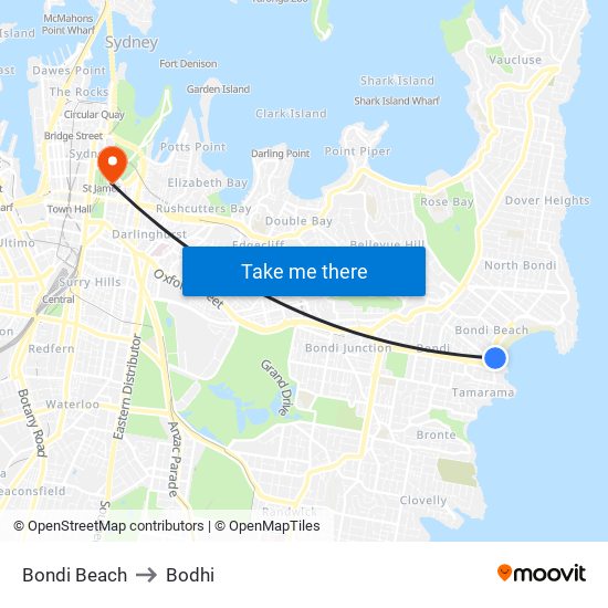 Bondi Beach to Bodhi map
