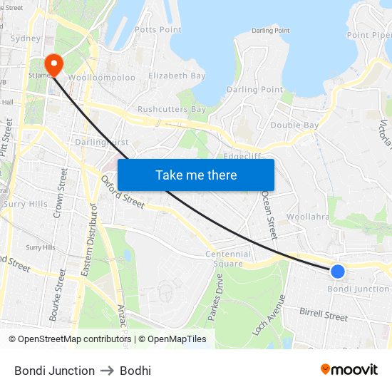 Bondi Junction to Bodhi map