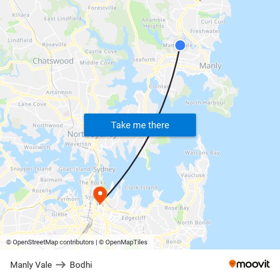 Manly Vale to Bodhi map