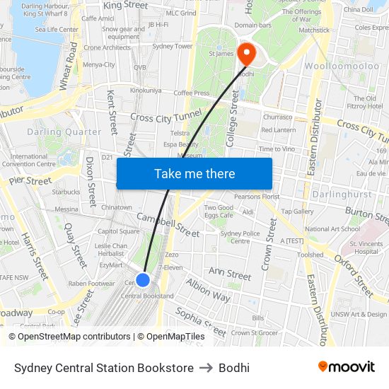 Sydney Central Station Bookstore to Bodhi map