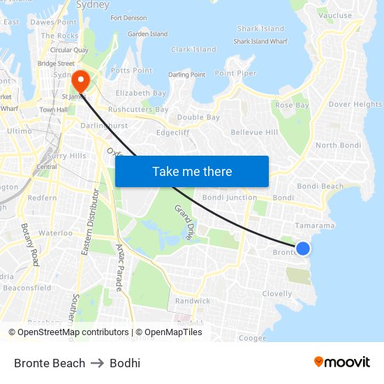Bronte Beach to Bodhi map