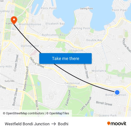 Westfield Bondi Junction to Bodhi map