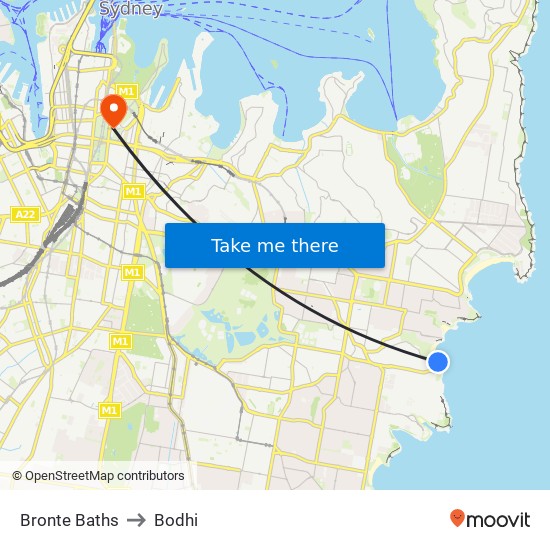 Bronte Baths to Bodhi map