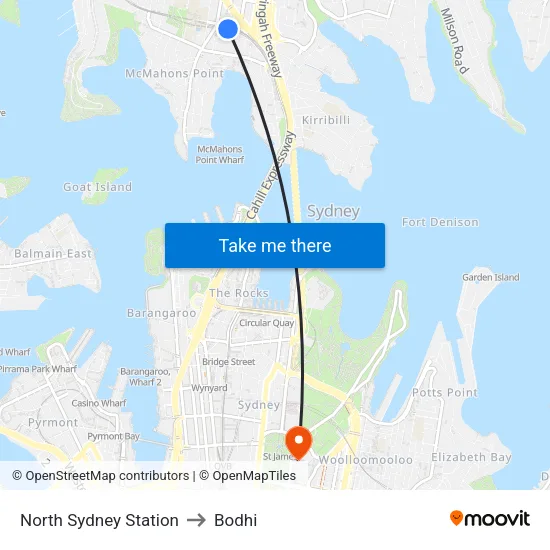 North Sydney Station to Bodhi map