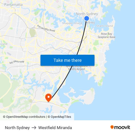 North Sydney to Westfield Miranda map