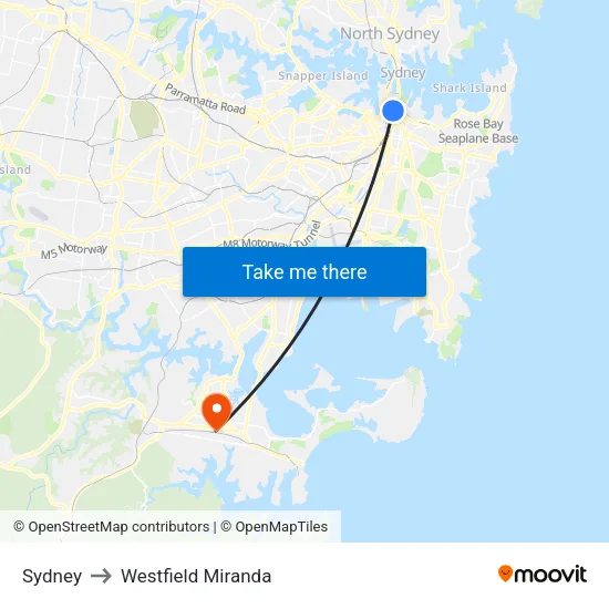 Sydney to Westfield Miranda map