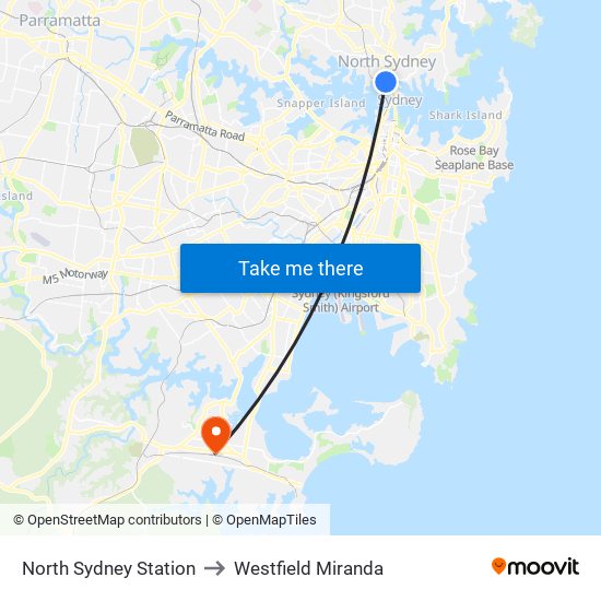 North Sydney Station to Westfield Miranda map
