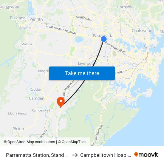 Parramatta Station, Stand A3 to Campbelltown Hospital map