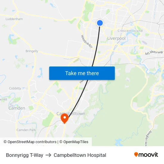 Bonnyrigg T-Way to Campbelltown Hospital map