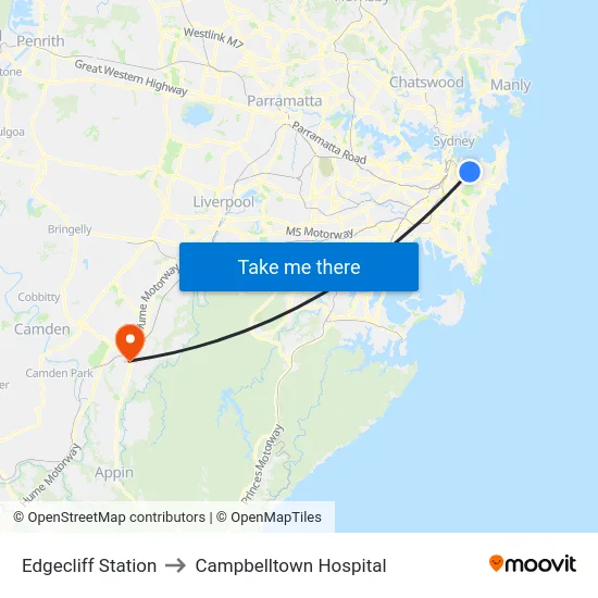 Edgecliff Station to Campbelltown Hospital map