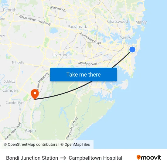 Bondi Junction Station to Campbelltown Hospital map