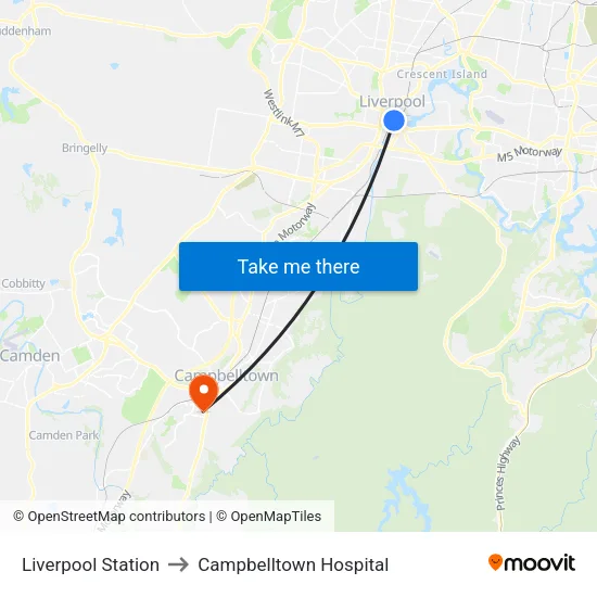 Liverpool Station to Campbelltown Hospital map