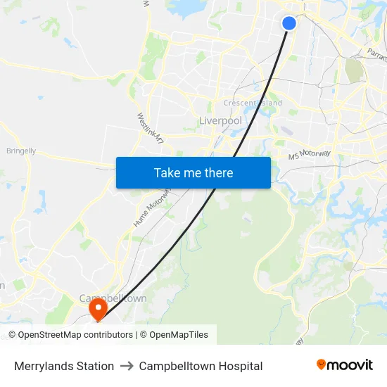 Merrylands Station to Campbelltown Hospital map